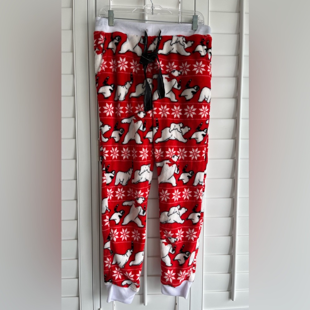 COCA COLA Red Plush Fleece Polar Bear Print Cuffed Pajama Pants Size Medium